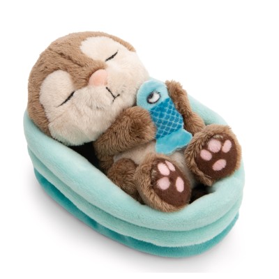 NICI Мягкая игрушка "Выдра с рыбой, спящая в голубой корзине'', 12 см